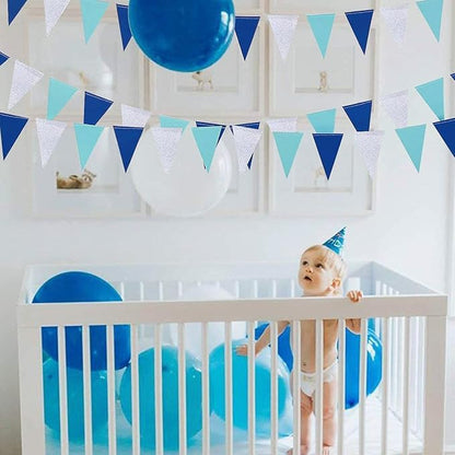30 Ft Navy Blue Silver Pennant Banner Royal Blue Hanging Paper Triangle Bunting Flag Garland for Birthday Bridal Baby Shower Wedding Ahoy Achor Nautical Pirate Theme Party Decorations Supplies
