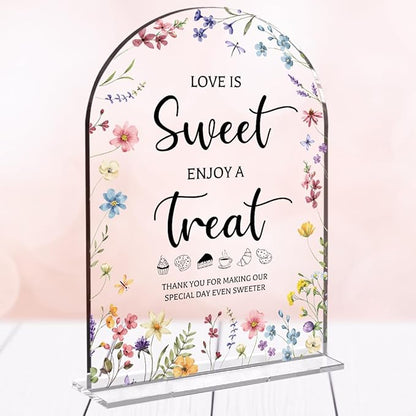 Wedding Signs Decor, Love is Sweet Sign for Dessert Table, Wedding Supplies 5x7 Inch, Wedding Signs for Ceremony And Reception, Arch Acrylic Table Sign for Anniversary, Bridal Shower Decor (Flower)
