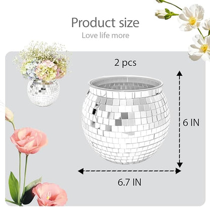 2 Pcs Disco Ball Vases,6" X 6.7" Disco Ball Centerpieces Decor,Silver Mirror Plastic Vase Disco Ball Planter for Wedding,Birthday,Office Table Decorations