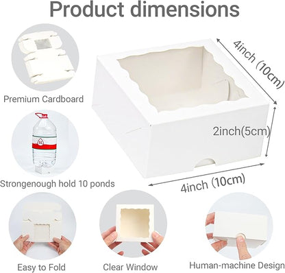 100-Pack 4X4X2 Elegant White Bakery Boxes - Treat/Cookie/Truffle Boxes for Mini Cakes, Pies & Cinnamon Rolls - Wedding Party Favor Packaging