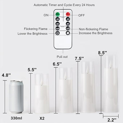 Amagic Pure White Acrylic Flameless Candles, Battery Operated Candles, Flickering LED Pillar Candles with Remote Control and Timer, Warm Yellow Light, D2.2 xH5 5" 6" 7" 8", Set of 5