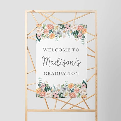 Andaz Press Personalized Extra Large Wedding Easel Board Party Sign, 12x18-inch, Peach Coral Floral Flowers Roses on White, Your Text Here, 1-Pack, Custom