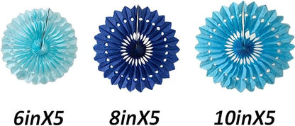 15pcs 6'' 8'' 10'' Paper Fans Set - Blue Tissue Paper Fans Decor for Party, Birthday, Wedding Events
