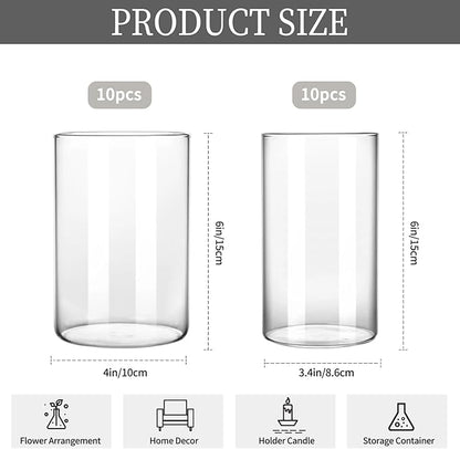 CEWOR 20pcs Flower Vases for Centerpieces, 6 Inch Glass Cylinder Vase Clear Vases Candle Holder for Floating Candles Home Table Decor Wedding Party, 2 Diameters