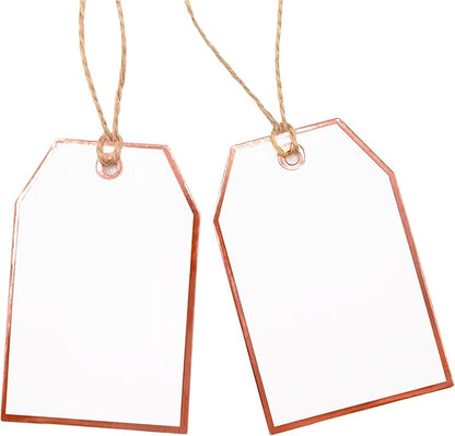 100Pcs Blank Gift Tags with String Attached Foil Rose Gold Frame Large White Paper Gift Tags Presents with 65 Ft Jute Twine for Birthday Wedding Baby Shower Graduation Gift Wrap Tag