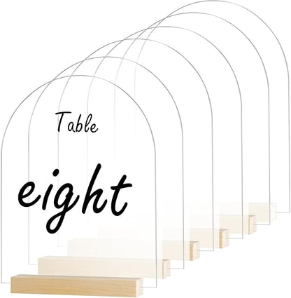 6 Pack 8x10 Inch Clear Arch Acrylic Sign with Wood Stands, Blank Table Signs, Arched Round Top Acrylic Sheet, DIY Arch Signs Blank for Wedding Table Number Menu Bar List Sign(Clear, Wood Stand)