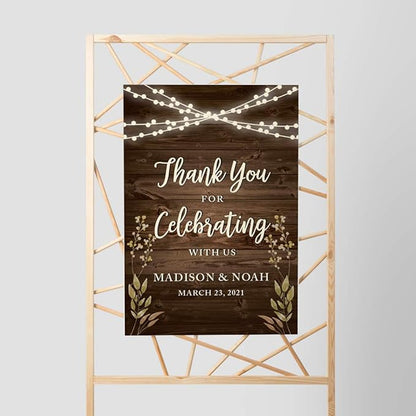 Andaz Press Personalized Extra Large Wedding Easel Party Sign, 12x18-inch, Rustic Wood with Hanging Ball Lights and Florals, Thank You for Celebrating With Us Bride Groom Name Date, 1-Pack, Custom