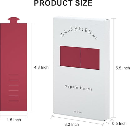 Polymer Material Reusable Napkin Band, Glue-Free Tear-Proof Water Resistant Oil-Proof Napkin Bands Set of 100(Front Burgundy Color and Back White), 6 Adjustable Sizes Napkin Rings