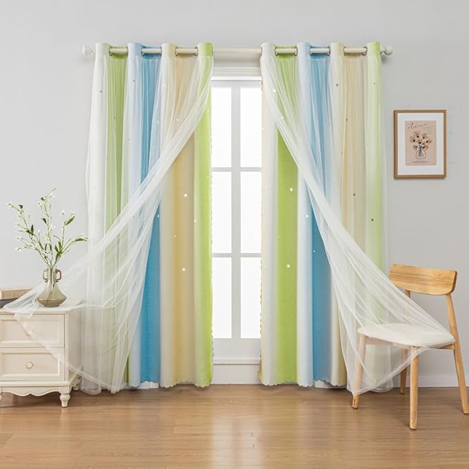 FANLI Ombre Rainbow Blackout Curtains for Kid Girls Bedroom Living Room Darking Stripe Double Layer Star Cut Out Wall Home Decor Gradient Grommet Window Curtains （Blue Green 52Wx63L）