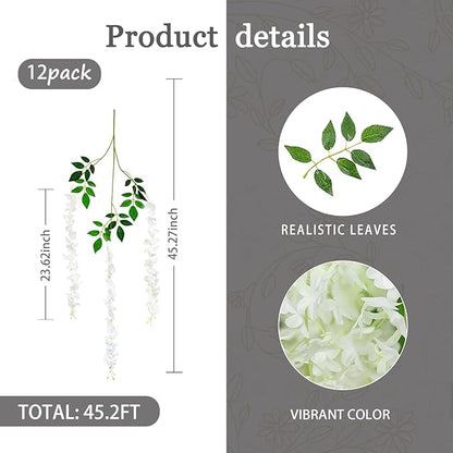 12 Pack White Wisteria Hanging Flowers Garland, 3.77 Feet Artificial Flower Vines, Fake Wisteria, Artificial Vines Hanging Garland for Backdrop Outdoor Yard Garden Decor