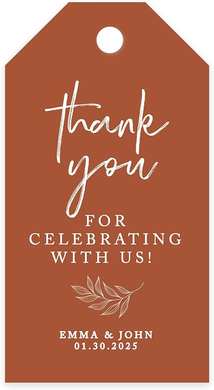 Andaz Press 100-Pack Personalized Thank You for Celebrating with Us Wedding Favor Tags with Bakers Twine Terracotta Line Design Custom Cardstock Wedding Gift Tags for Party Favors 2 x 3.75-Inches