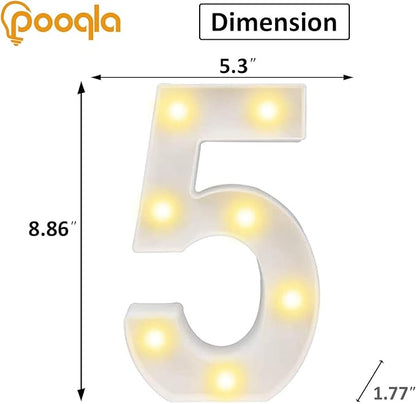 Pooqla Decorative LED Light Up Number Letters, White Plastic Marquee Lights Sign Party Wedding Decor, Battery Operated (5)