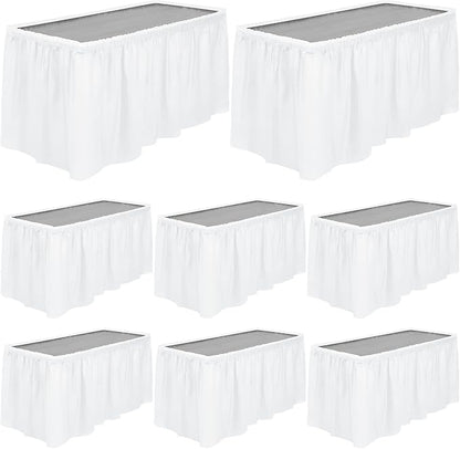 TURSTIN 8 Pieces White Plastic Table Skirts 14 Feet x 29 Inch for Rectangle Tables Fitted Tablecloth Disposable Table Cover for Birthday Party, Events, Banquette Baby Shower