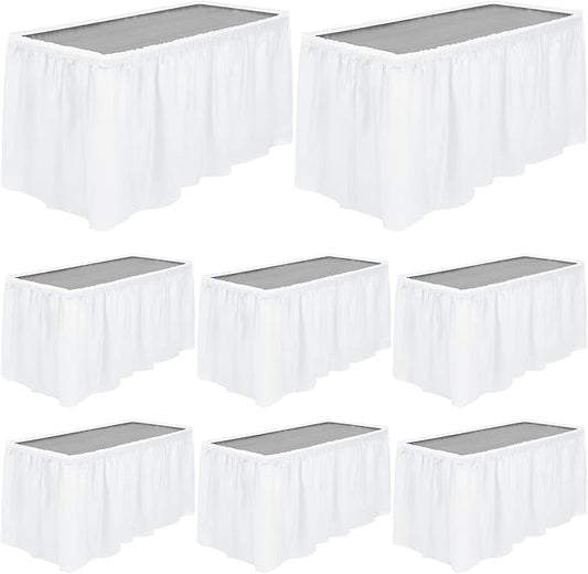 TURSTIN 8 Pieces White Plastic Table Skirts 14 Feet x 29 Inch for Rectangle Tables Fitted Tablecloth Disposable Table Cover for Birthday Party, Events, Banquette Baby Shower