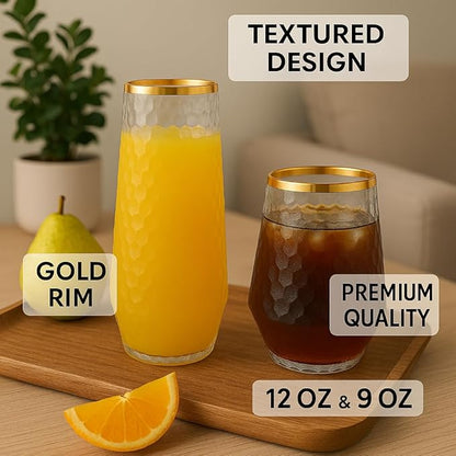48 Pack Ribbed Origami Ripple Plastic Glasses 24 9oz Stemless Champagne Flutes & 24 12oz Cups BPA-Free, Disposable, Shatterproof Drinkware for Weddings, Bars, Events (Hammered Diamond Gold Rim)