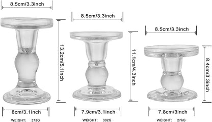 3-Piece Set of Glass Candlestick, Crystal Candlestick Holder Holder and Conical Candle, Christmas Candle Holder Decoration, Family Living Room Wedding Candle Holder (Clear)