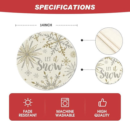 Artoid Mode Beige Snowflake Let It Snow Winter Placemats Set of 4, 15 Inch Seasonal Christmas Xmas Round Table Mats for Dining Decoration