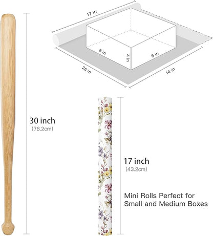 RUSPEPA Floral Wrapping Paper Roll Women Girls, Mini Roll, Watercolor Wild Flower with Delicate Leaf Gift Wrap Paper for Wedding, Birthday, Mother's Day, Spring, Bridal Shower, 17 Inch X 16.4 Feet