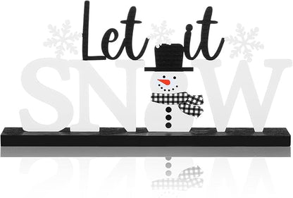 Winter Metal Sign Let It Snow Table Decor Christmas Tiered Tray Decor with Wooden Base Metal Black and White Snowman Snowflake for Xmas Home Tabletop Centerpiece Mantel Shelf Fireplace