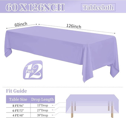 fani 12 Pack 60 x 126 Inch Rectangle Tablecloth Lavender Polyester Tablecloth for 8 Ft Rectangle Tables, Washable Fabric Table Cloth for Wedding Dining Table Buffet Parties Camping