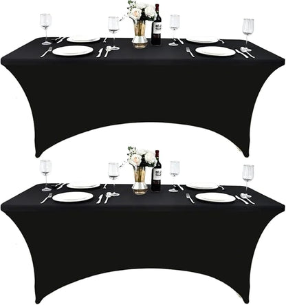 2-Pack 4ft Black Spandex Table Covers for Rectangular Folding Tables - Wrinkle Resistant Stretch Tight Table Cloths - Ultimate Fitted Table Protector for Parties, Banquet, and Wedding