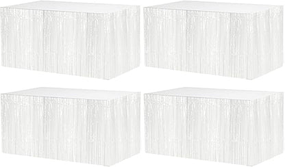 4 Pack 29x108 Inch Metallic Foil Fringe Tinsel Table Skirts for Rectangle Tables Streamer Curtains Backdrop for Wedding, Birthday, Parade Floats, Christmas, Halloween Party Decoration(White)