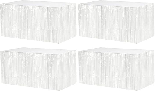 4 Pack 29x108 Inch Metallic Foil Fringe Tinsel Table Skirts for Rectangle Tables Streamer Curtains Backdrop for Wedding, Birthday, Parade Floats, Christmas, Halloween Party Decoration(White)