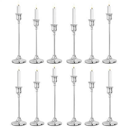 CHILL RECIPE Silver Taper Candle Stick Holders Tall Candle Holder, Vintage Candlesticks Holder Bulk for Home Decor Table Centerpiece Dining Party Festival Decorations (4 Set 12Pcs)