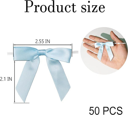 50Pcs Baby Blue Twist Tie Bows for Gift Wrapping 2.5" Satin Ribbon Bow for Treat Bags Cake Balloons Birthday Party Favors Wedding Decorations