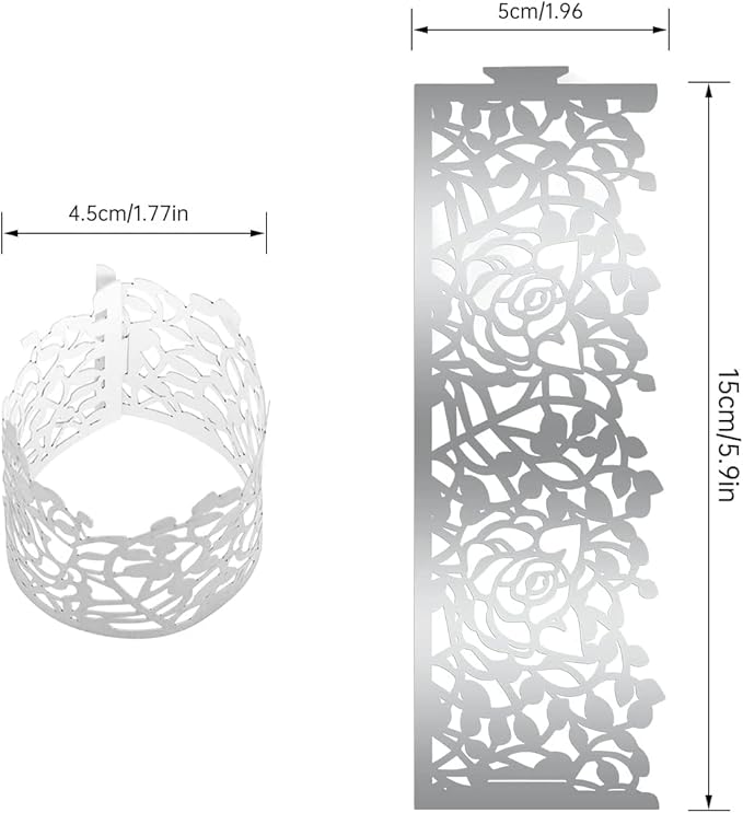100pcs Disposable Rose Flower Paper Napkin Rings Laser Cut Foil Paper Napkin Holder, Leaf Vine Serviette Rings for Table Decoration,Christmas,Wedding,Party (Silver) (Pack of 2)