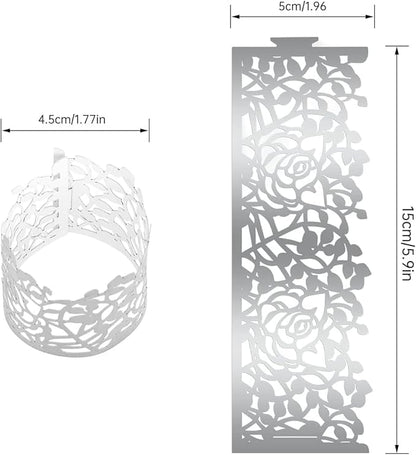 100pcs Disposable Rose Flower Paper Napkin Rings Laser Cut Foil Paper Napkin Holder, Leaf Vine Serviette Rings for Table Decoration,Christmas,Wedding,Party (Silver)