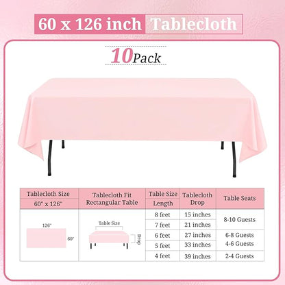10 Pack Pink Tablecloths for 8ft Rectangle Tables 60 x 126 Inch - Polyester Table Cover Stain and Wrinkle Resistant Washable Fabric Table Clothes for Wedding Party Banquet Reception Restaurant