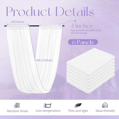 6 Panels White Ceiling Drapes for Wedding, 5ftx40ft Ceiling Drapes Cheesecloth Sheer Fabric Curtain Wedding Arch Draping Fabric Romantic Ceiling Decorations for Wedding Party Ceremony Stage