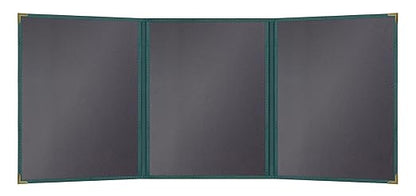 Goodsmart Pajco Style Restaurant Menu Covers – Pack of 10, Side-Load Fold-Out Menu Holders, Single Stitched Edge Clear Vinyl Menu Sleeves, Leatherette Trim Gold Corners, Green, 3 View (8.5" x 11")