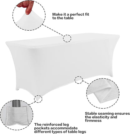 IVAPUPU 2 Pack 8FT Spring Table Cloth for Rectangular Fitted Events Stretch White Table Covers Washable Spandex Tablecloth Protector for Party, Wedding, Cocktail, Banquet, Festival