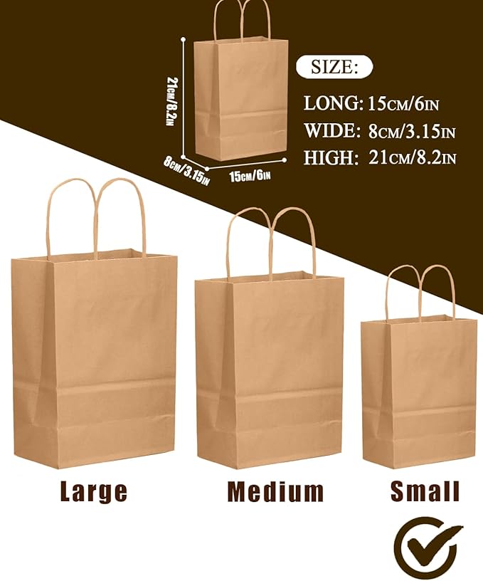 qiqee 26-Packs Brown Gift Bags with Handles Bulk 8.3"x3"x 6" Small Size Kraft Paper Bags Multiple Uses (Small Size)