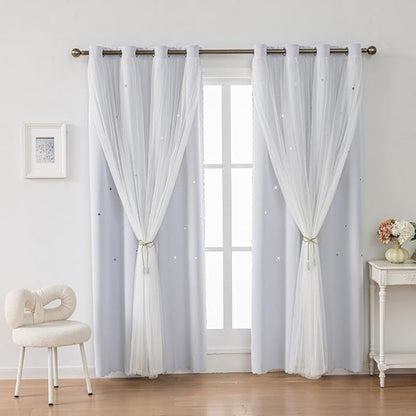 Ombre Rainbow Blackout Curtains for Kid Girls Bedroom Living Room Darking Stripe Double Layer Star Cut Out Wall Home Decor Gradient Grommet Window Curtains (Greywish White 63)
