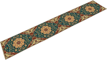 Boho Rich Table Runner, Vintage Blue Teal Gold Retro Flower Rustic Country Style Floral Print Pattern for Home Kitchen Table Decor Dining Coffee Room Garden Party Decor 13x90in