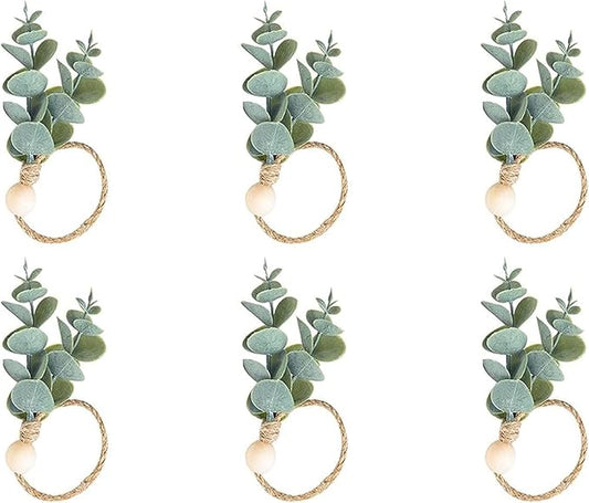 Defined Deco Napkin Rings Set of 6, Boho Green Leaf Napkin Rings for Spring Summer, Thanksgiving Christmas,