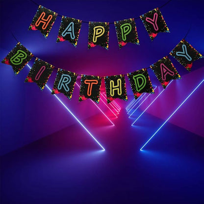 Glow Party Happy Birthday Banner Decoration（Already Assembled）, 80s Birthday Banner Let's Glow Party Decorations, Glow in the Dark Party Supplies, Neon Party Birthday Decorations