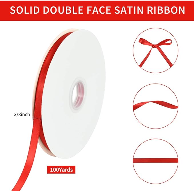 TONIFUL 3/8 Inch x 100yds Red Satin Ribbon Thin Solid Fabric Ribbons Roll for Gift Wrapping Invitation Floral Hair Balloons Craft Sewing Party Wedding Popsicles Decoration Valentine's Day Bouquet