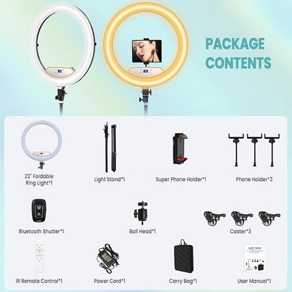 MACTREM 22" Foldable Ring Light with Stand for iPhone ipad, 75" Tripod with Wheels 50W 6500K LED Display/2 USB Ports Large Ringlight Rolling, Tattoo Barber Makeup Studio Video Photography Lighting
