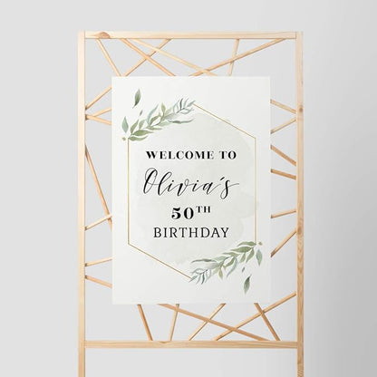 Andaz Press Personalized Extra Large Birthday Easel Board Party Sign, 12x18-inch, Modern Black, Gold with Green Leaves Florals, Welcome to Olivia's 50th Birthday, 1-Pack, Custom Name Age