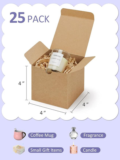 Eupako Gift Boxes 4x4x4 25 Pack Brown Kraft Paper Box with Lids Party Favor Boxes for Bridesmaids Proposal, Crafting, Cupcake, Wedding, Christmas