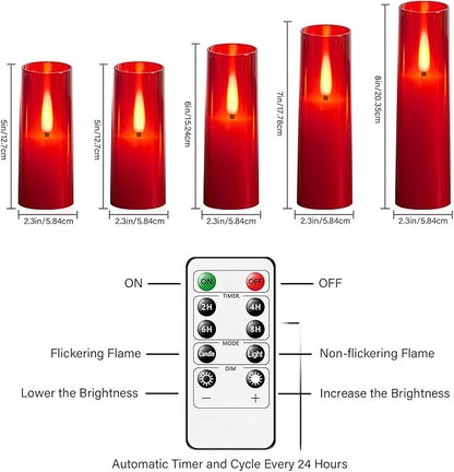 Flameless LED Candles, Upgraded Realistic Flickering Flame Battery Operated Candles with Remote Timer, Acrylic Electric Set of 5 for Romantic Ambiance and Home Decoration（Red）