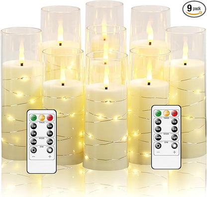 Flickering Flameless LED Candles,Battery Operated Candles 9 Pcs with Embedded Star String,Acrylic LED Pillar Candles with Remote,Suitable for Home Decoration to Create an Atmosphere (Ivory)