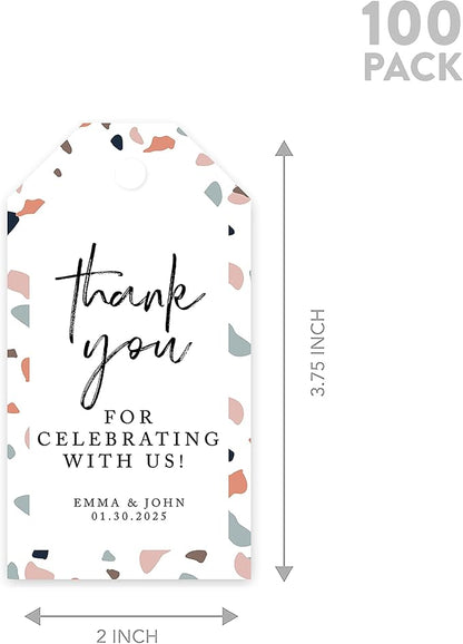 Andaz Press 100-Pack Personalized Thank You Tags with Bakers Twine Terrazzo Custom Cardstock Gift Tags for Wedding Party Favors 2 x 3.75-Inches