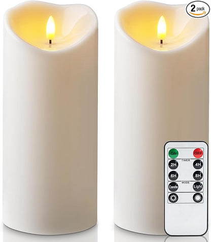 Amagic 4” x 9” Large Outdoor Waterproof Flameless Candles with Remote, Battery Operated Candles with Timer, Flickering Fake LED Pillar Candle for Patio Yard Porch Decor, Ivory White, Set of 2