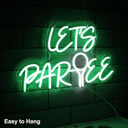 Let's Par Tee Neon Sign for Wall Decor - Green White LED Golf Ball Light - Dimmable Hanging Sign for Golf Club, Bedroom, Man Cave, Party