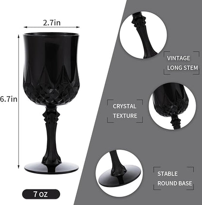 JLYLOL Plastic Vintage Wine Glasses 7OZ Plastic Goblets Vintage Drinking Glasses 24PCS Retro Wedding Glassware Water Goblets Reusable Drinking Cups for Party,Reception,Celebration,Bar,Whiskey(Black)